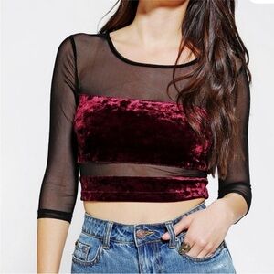 🛍Bundle sale🛍Sparkle & Fade Burgundy Velvet Crop Top with Black Mesh